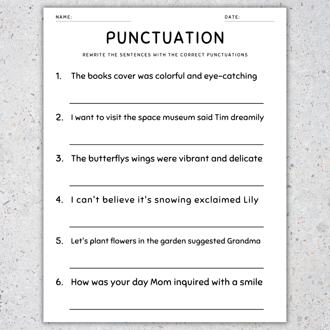 Punctuation Worksheets Fix the Sentences Grammar Practice, 3rd Grade