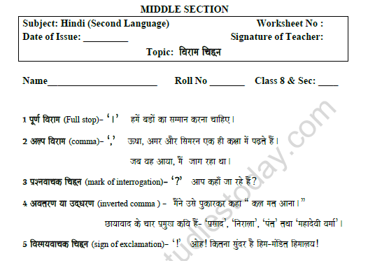 CBSE Class 8 Hindi Punctuation Worksheet Set A
