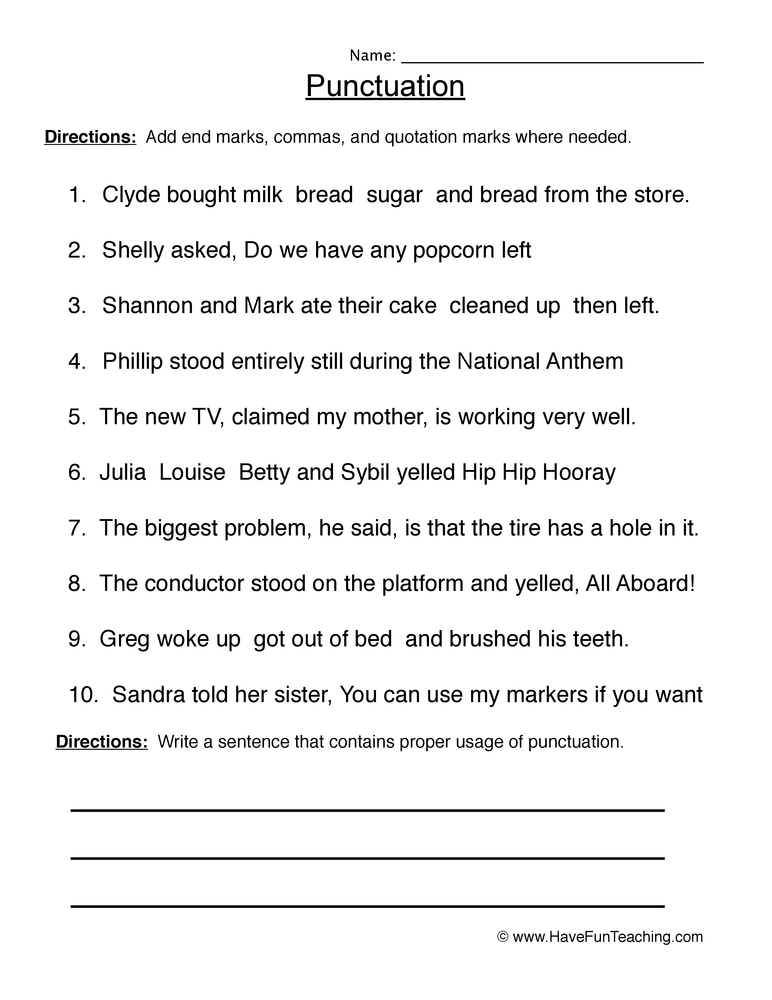 Punctuation Review Worksheet  
