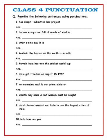 Punctuation exercise for CLASS 4  
