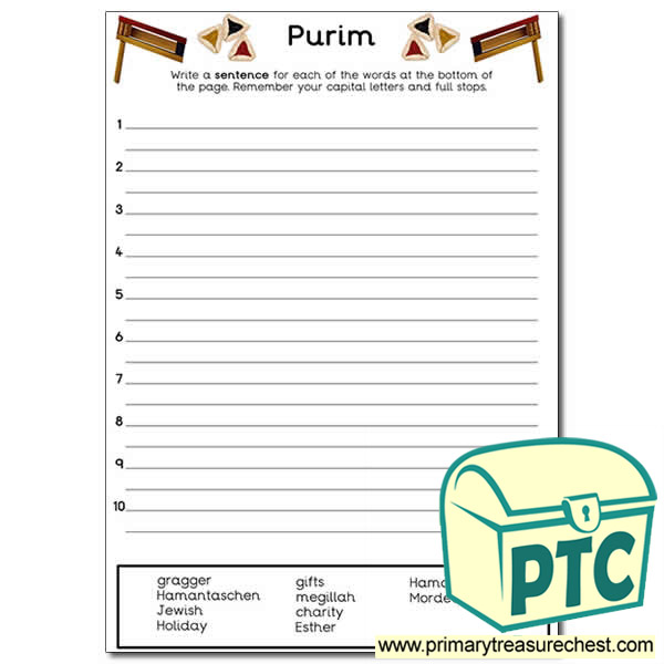 Purim Themed Sentence Worksheet - Primary Treasure Chest