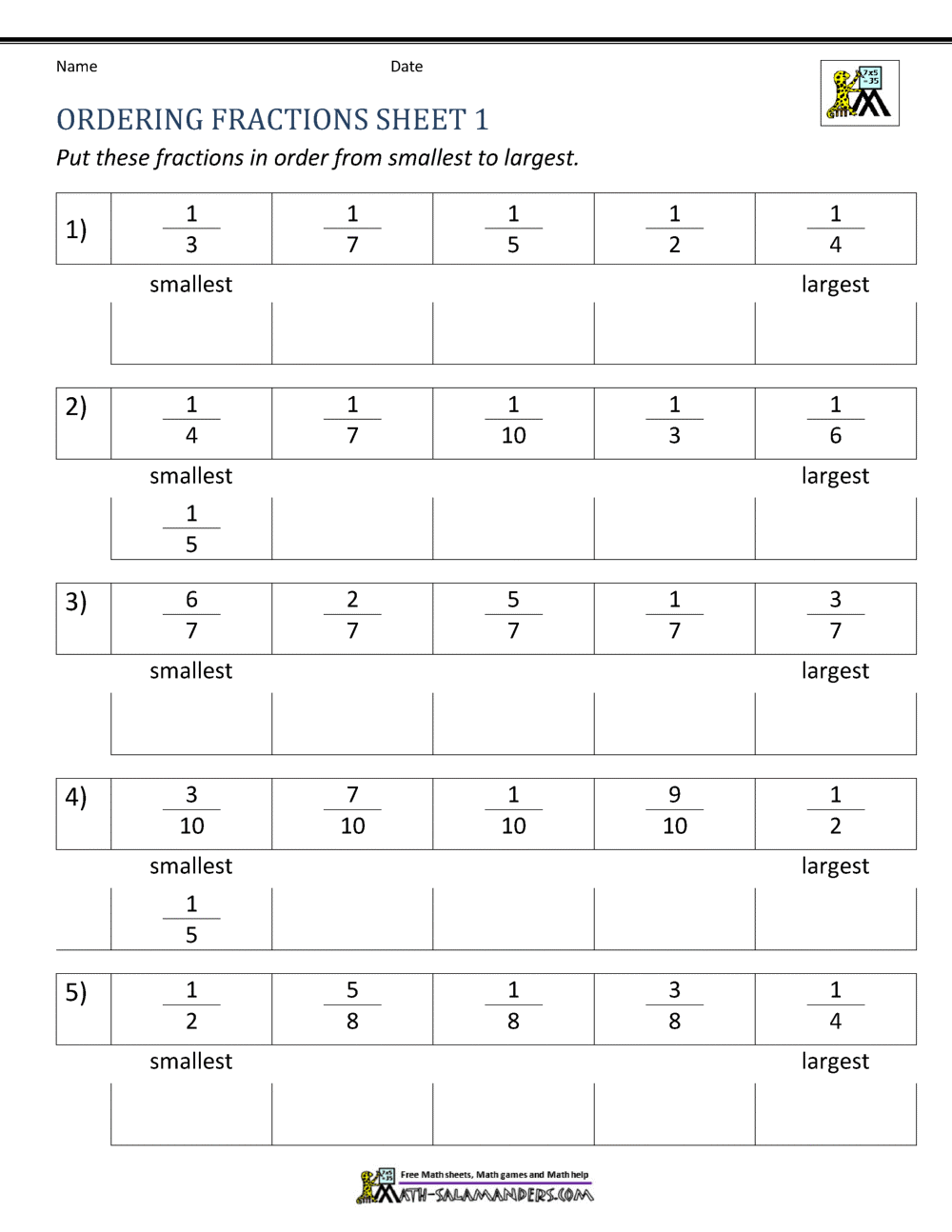 putting fractions in order worksheet