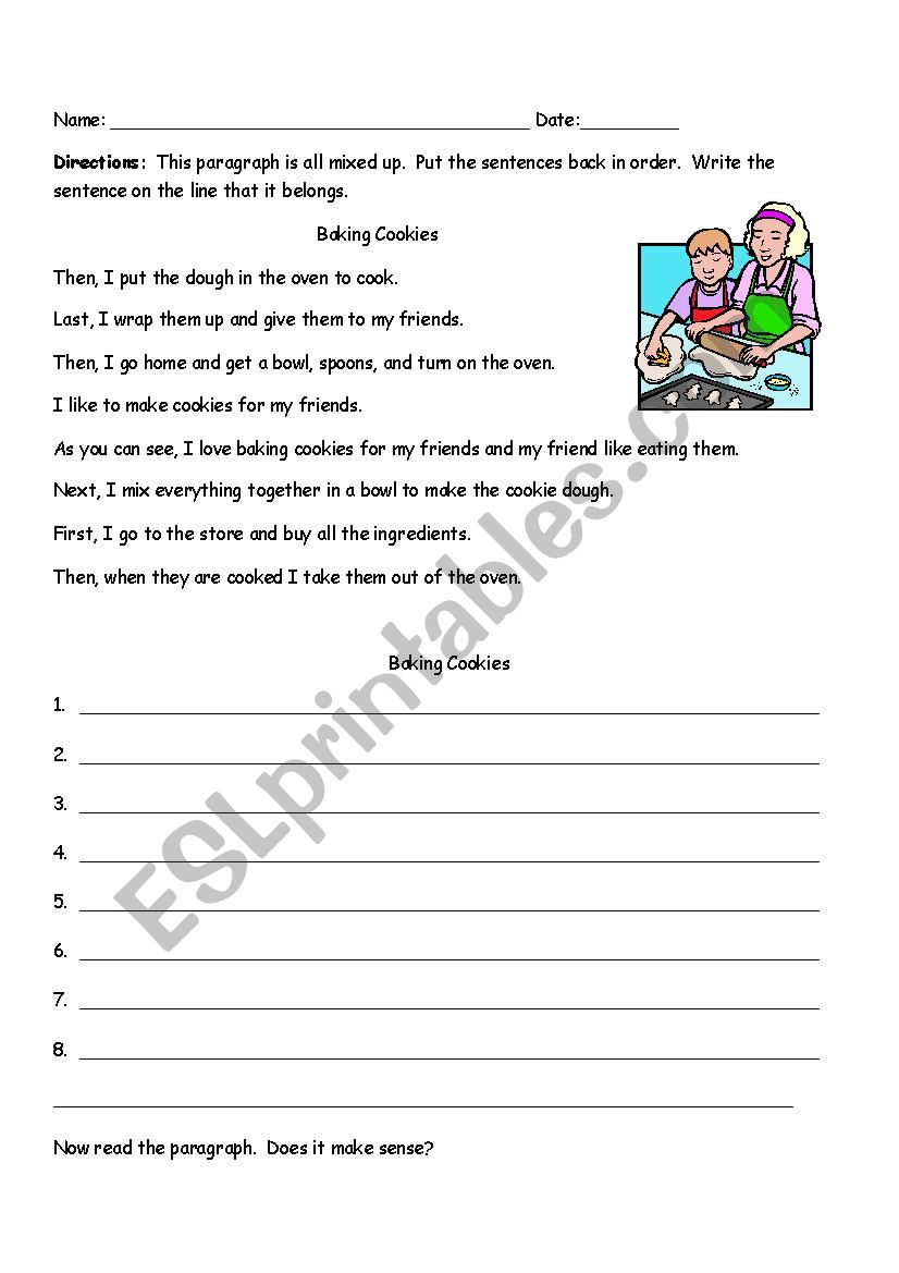Sequencing Paragraph Baking Cookies ESL worksheet by mebecker