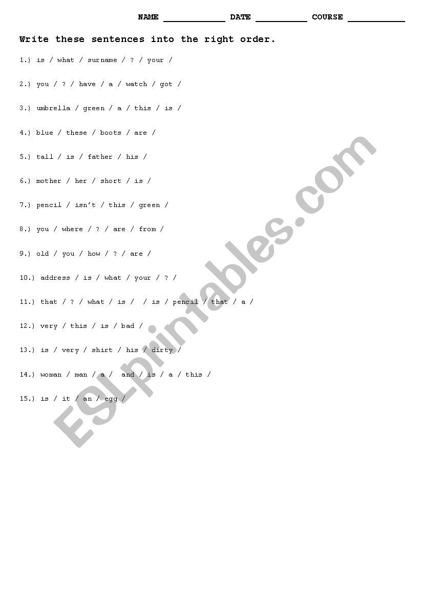 put the sentences in order - ESL worksheet by softsword