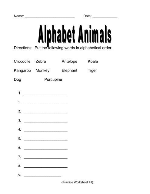 Put the following words in alphabetical order. Crocodile ... - Set BC