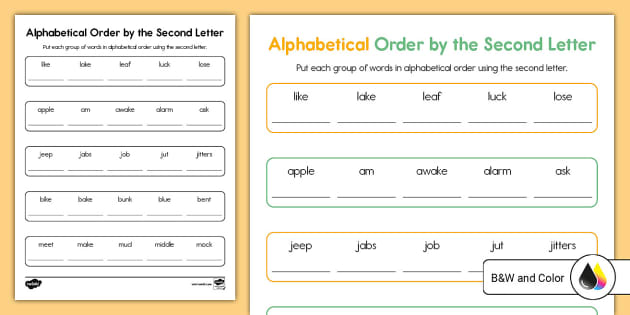 Alphabetical Order by Second Letter Activity for K-2nd Grade