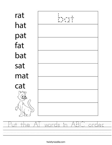 Put the AT words in ABC order Worksheet - Twisty Noodle