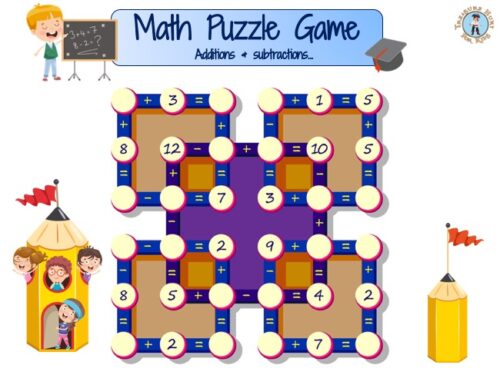 Math Puzzle Game - Printable Worksheet - Treasure hunt 4 Kids