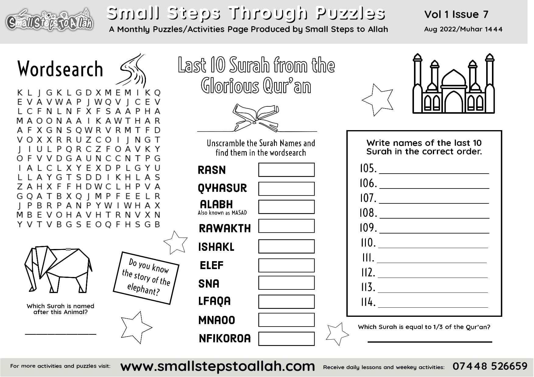 August Monthly Puzzles Sheet - Small Steps to Allah