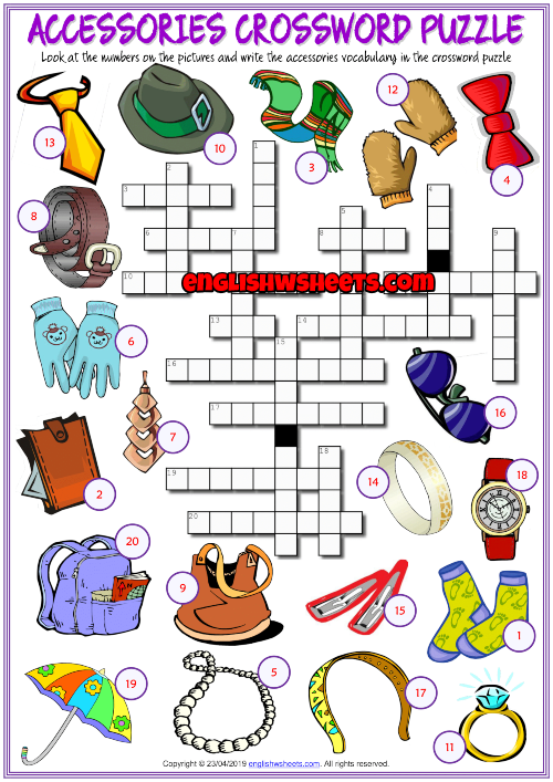 Accessories ESL Crossword Puzzle Worksheet For Kids