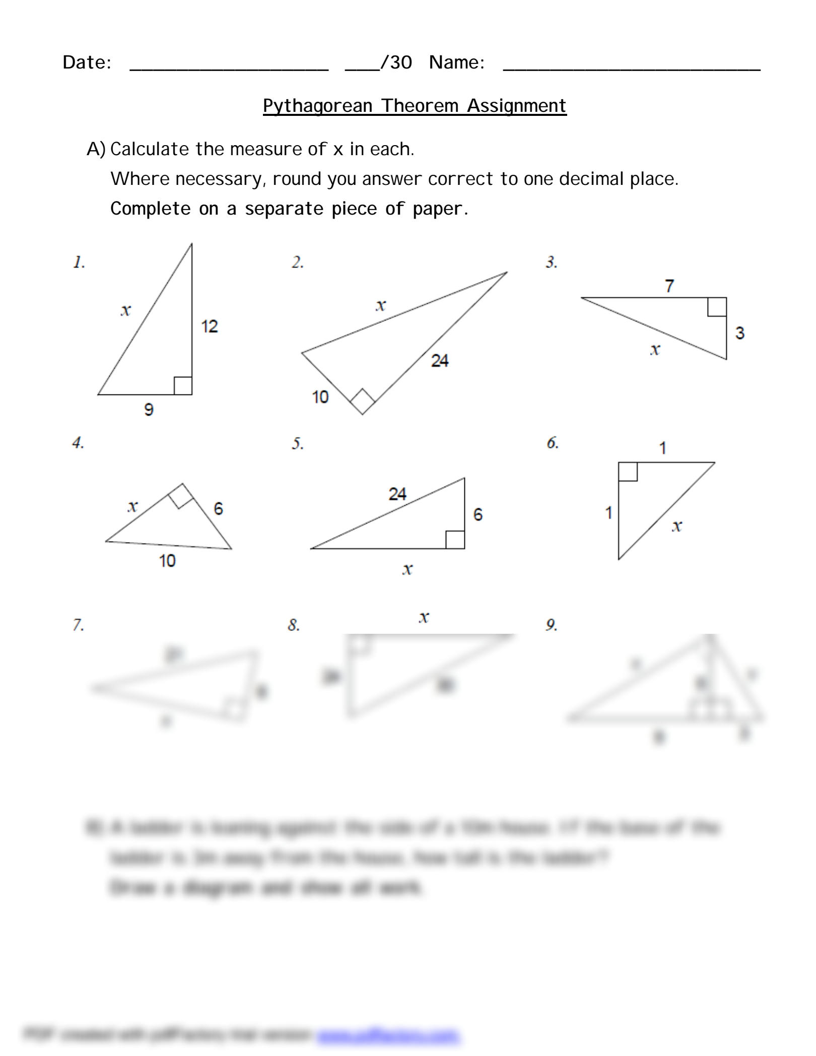 pythagorean theorem assignment worksheet answers