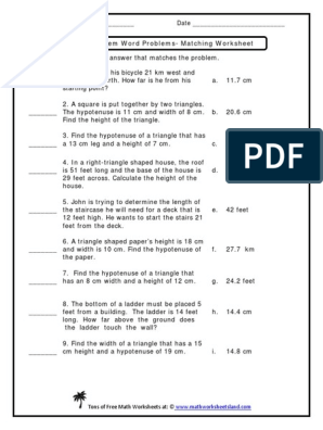 pythagorean theorem word problems matching worksheet