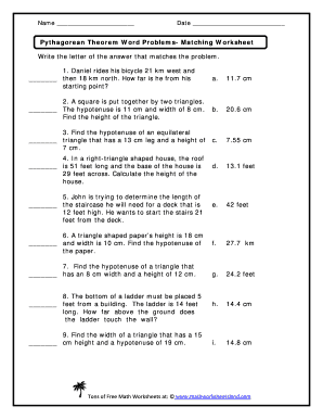Pythagorean Theorem Word Problems Matching Worksheet Answer Key ...