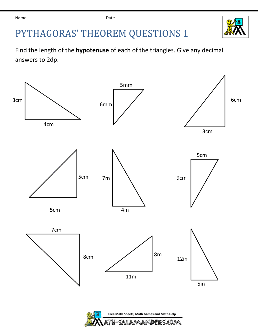 pythagorean theorem worksheet w answers