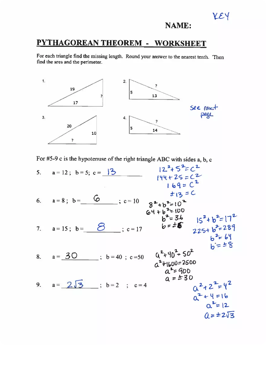 pythagorean theorem worksheet w answers