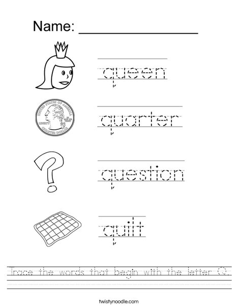 Trace the words that begin with the letter Q Worksheet - Twisty Noodle