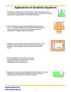 quadratic applications worksheet answers