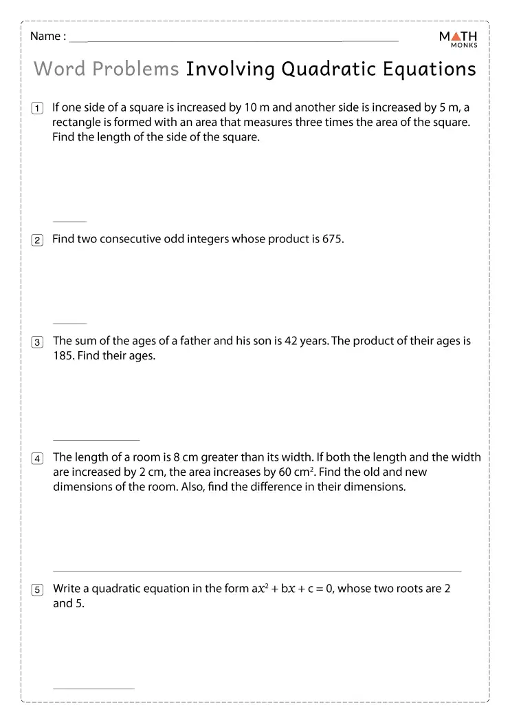 Quadratic Word Problems Worksheets - Math Monks