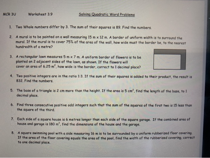 quadratic applications worksheet answers