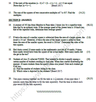 quadratic applications worksheet answers