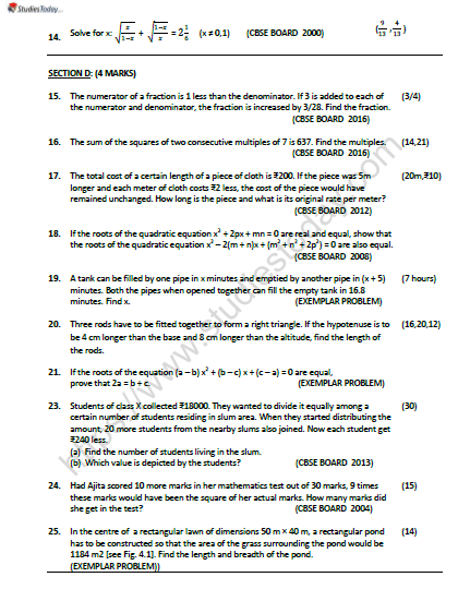 CBSE Class 10 Mathematics Quadratic Equations Worksheet Set B