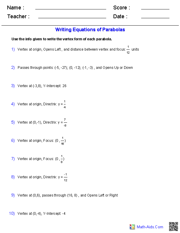 Algebra 2 Worksheets | Quadratic Functions and Inequalities Worksheets