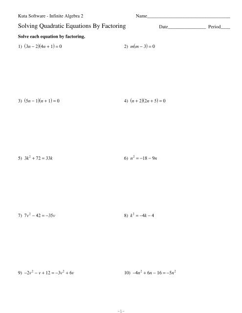Solving Quadratic Equations (B) - By Factoring Worksheet | Algebra ...