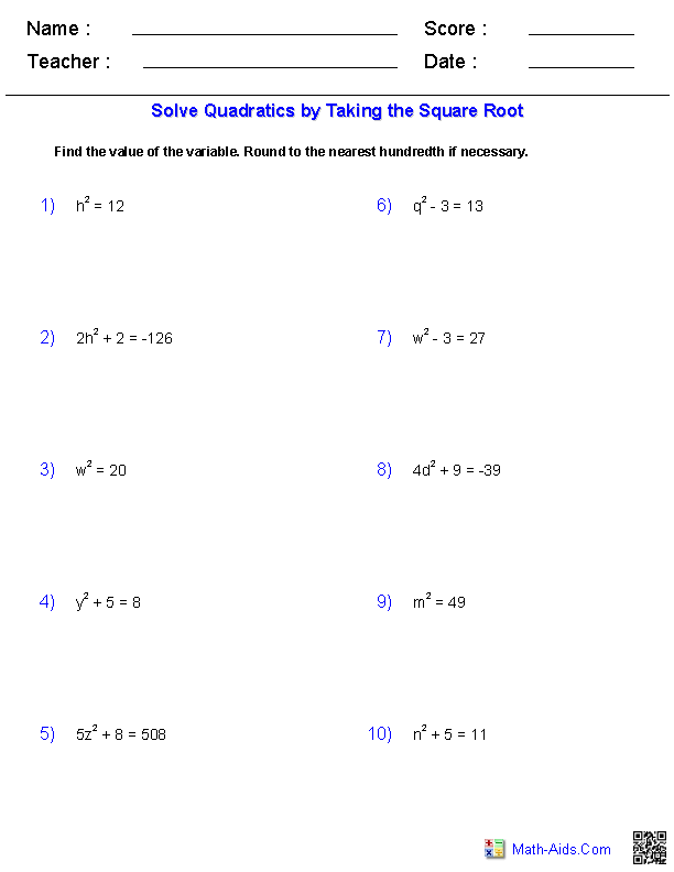 Algebra 1 Worksheets | Quadratic Functions Worksheets