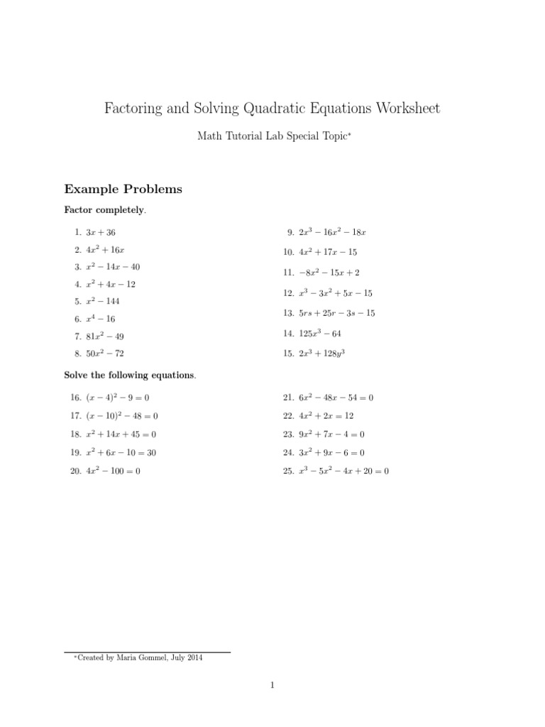 Factoring and Solving Quadratic Equations Worksheet: Example ...