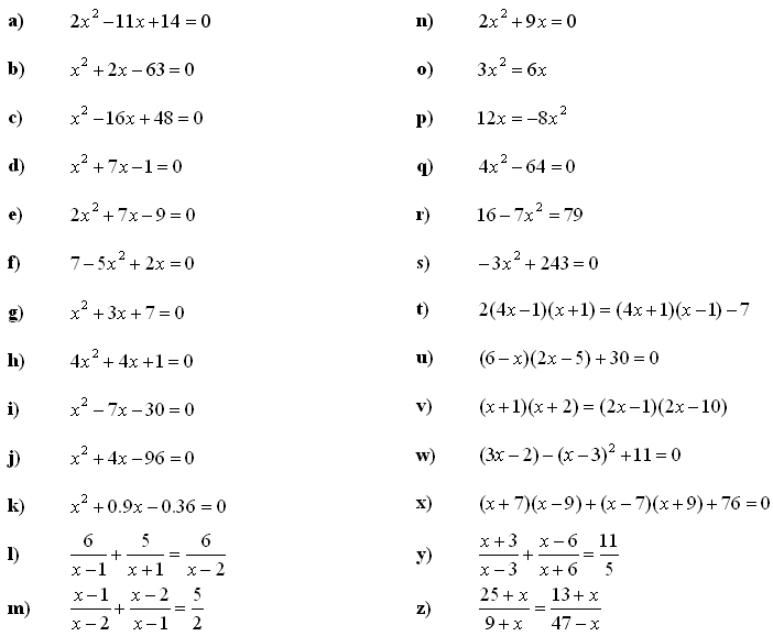 Math Exercises &  Math Problems: Quadratic Equations and Inequalities