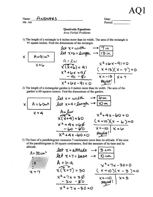 quadratic equations worksheet and answers