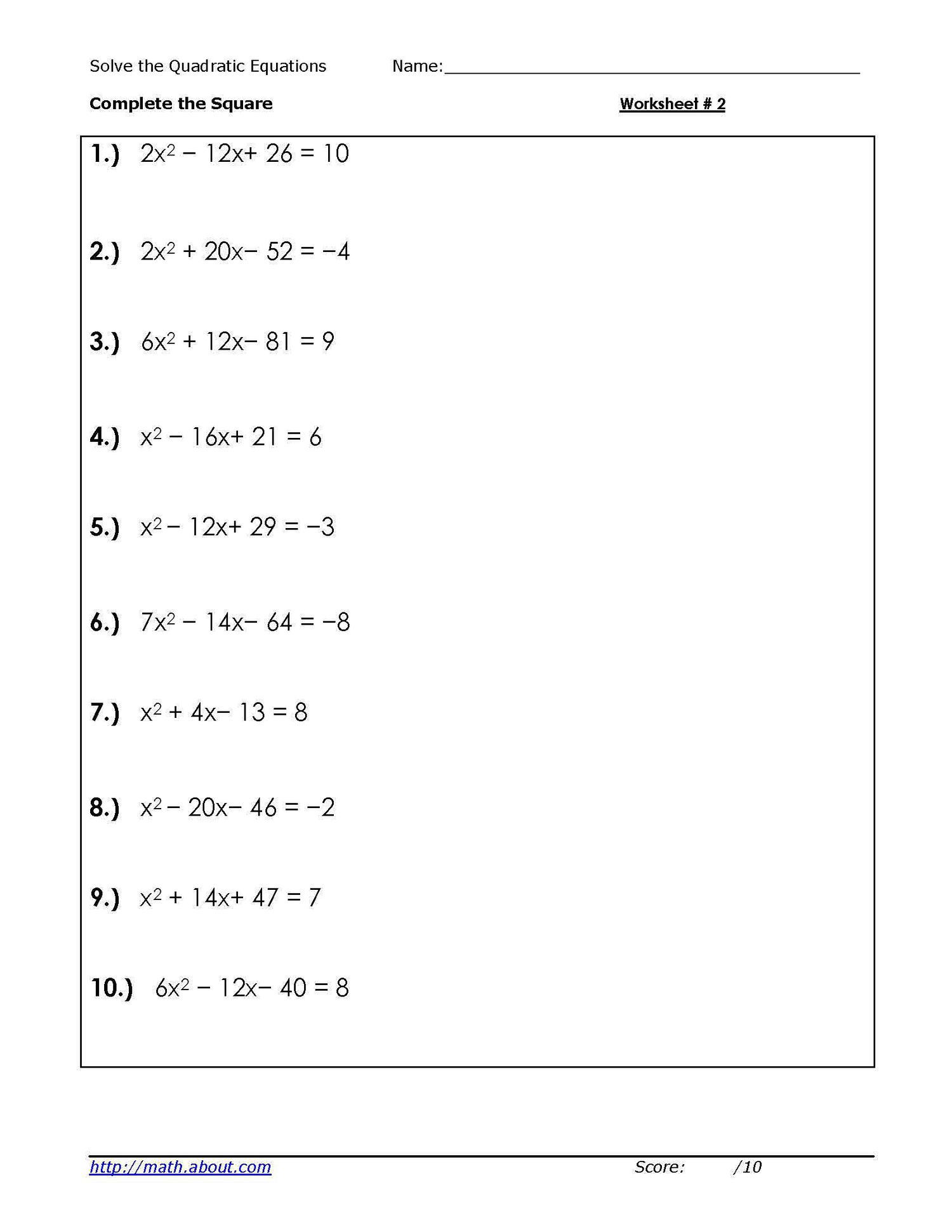 quadratic equations worksheet answers algebra 2