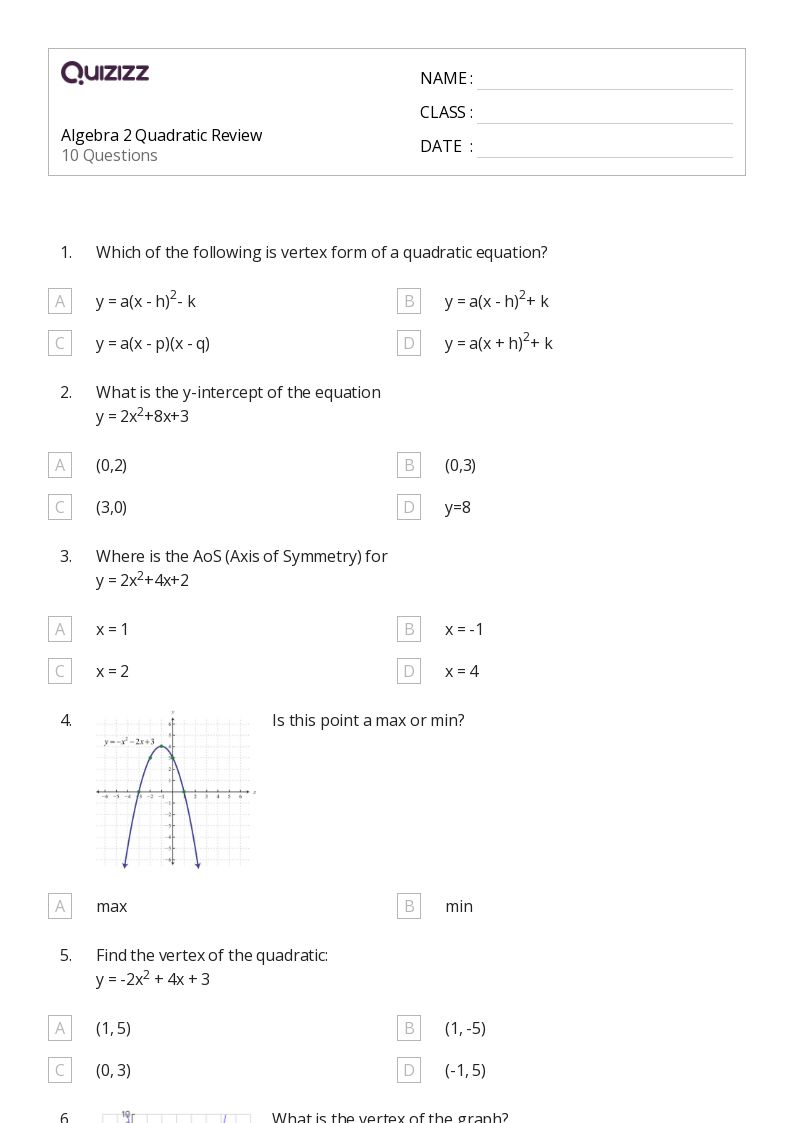 quadratic equations worksheet answers algebra 2