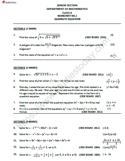 CBSE Class 10 Mathematics Quadratic Equations Worksheet Set B