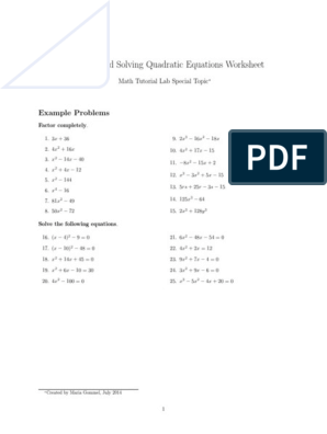 quadratic equations worksheet pdf