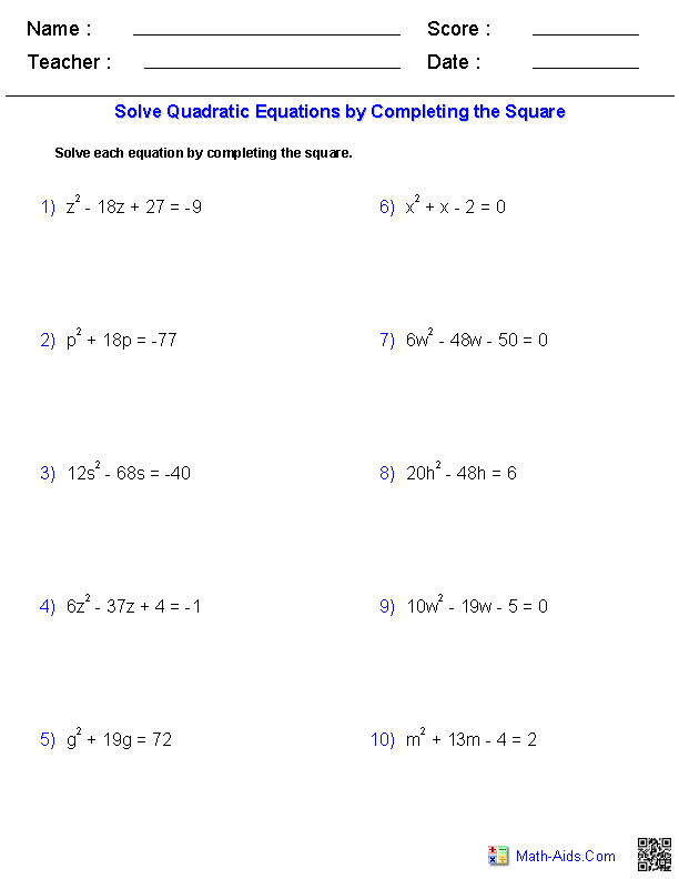 quadratic equations worksheet with answers