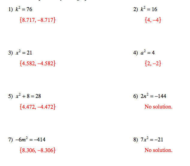 quadratic equations worksheet with answers