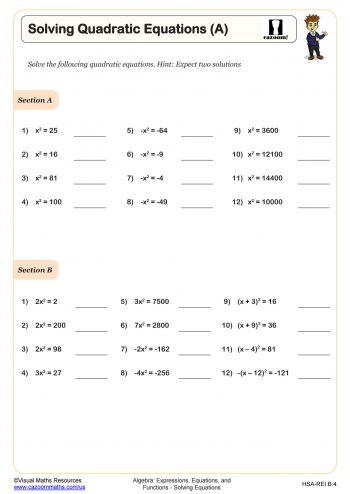 Solving Quadratic Equations (B) - By Factoring Worksheet | Algebra ...