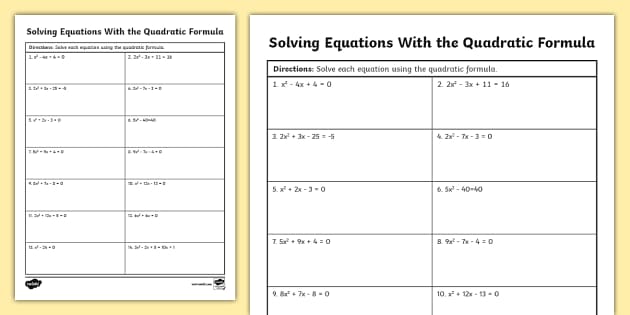 Algebra I Solving Equations With the Quadratic Formula Practice ...
