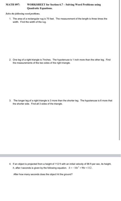 Solved MATH 097: WORKSHEET for Section 6.7 - Solving Word | Chegg.com
