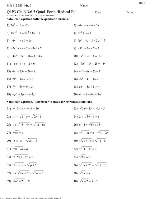 Quadratic Formula Practice Worksheet Answers Quadratic Equation ...