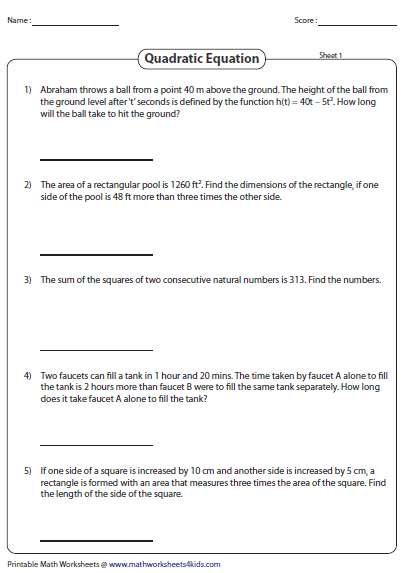 quadratic formula word problems worksheet answers