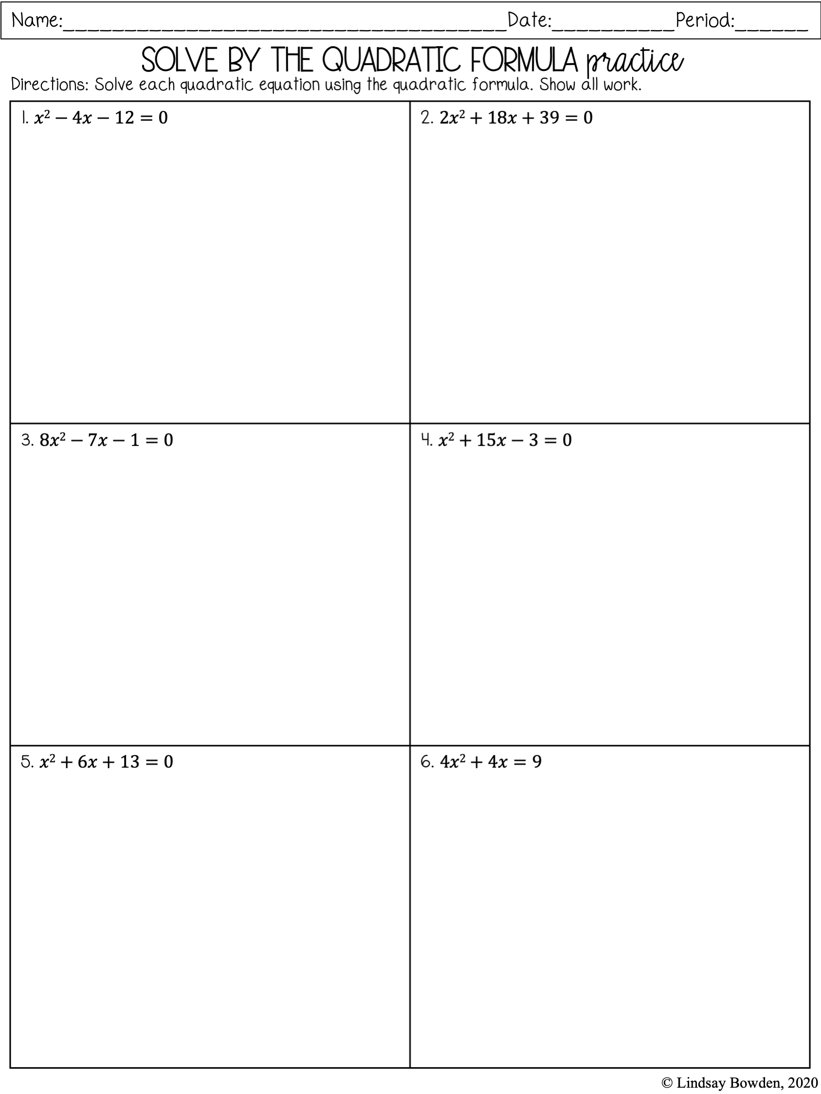 quadratic formula worksheet with answers
