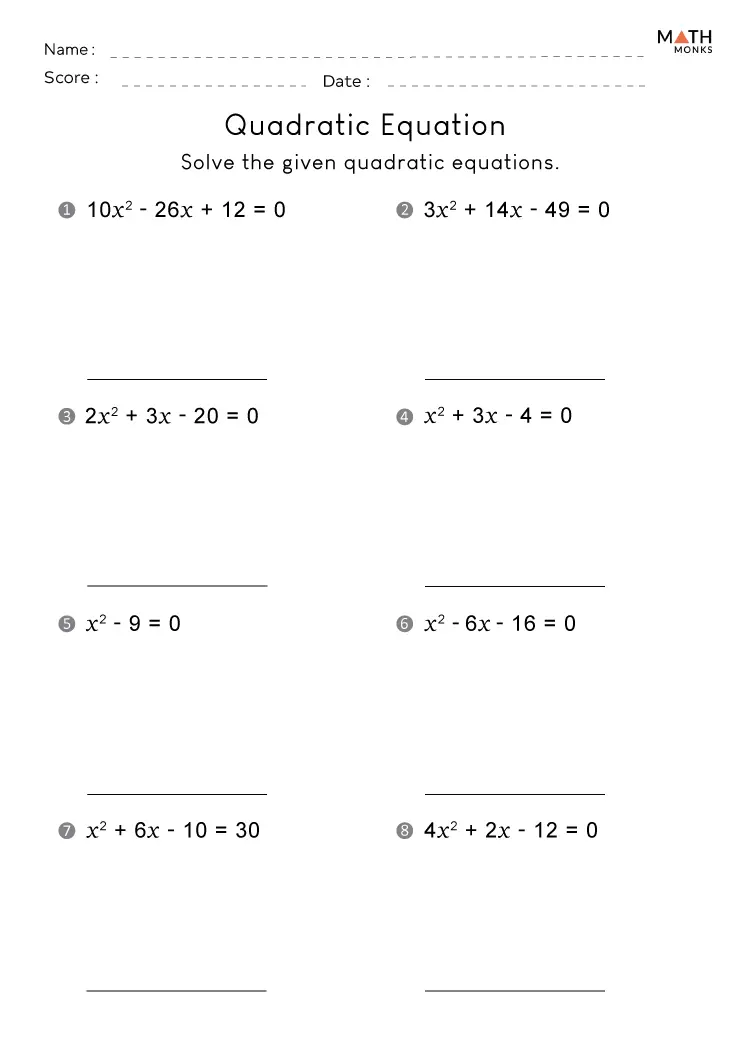 Quadratic Formula Worksheets - Math Monks