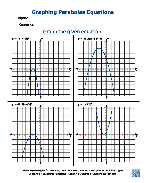 Free Algebra 1 Quadratic Functions worksheets for homeschoolers ...