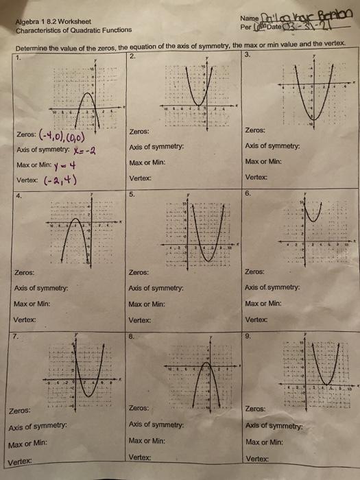quadratic functions worksheet with answers