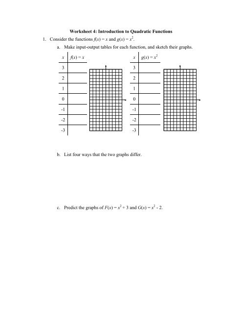 quadratic functions worksheet with answers