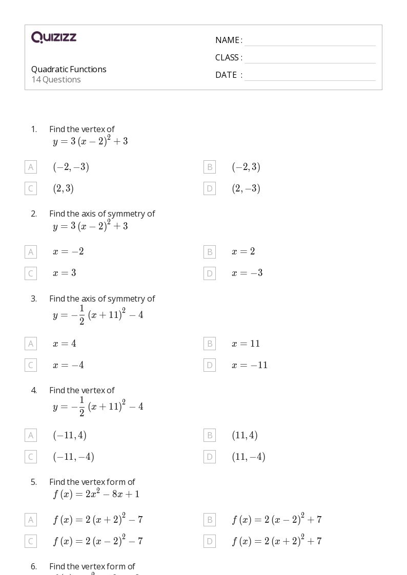 Quadratic Function Worksheets - Worksheets Library