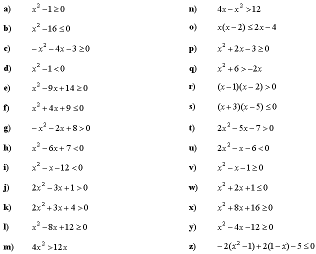 quadratic inequalities worksheet