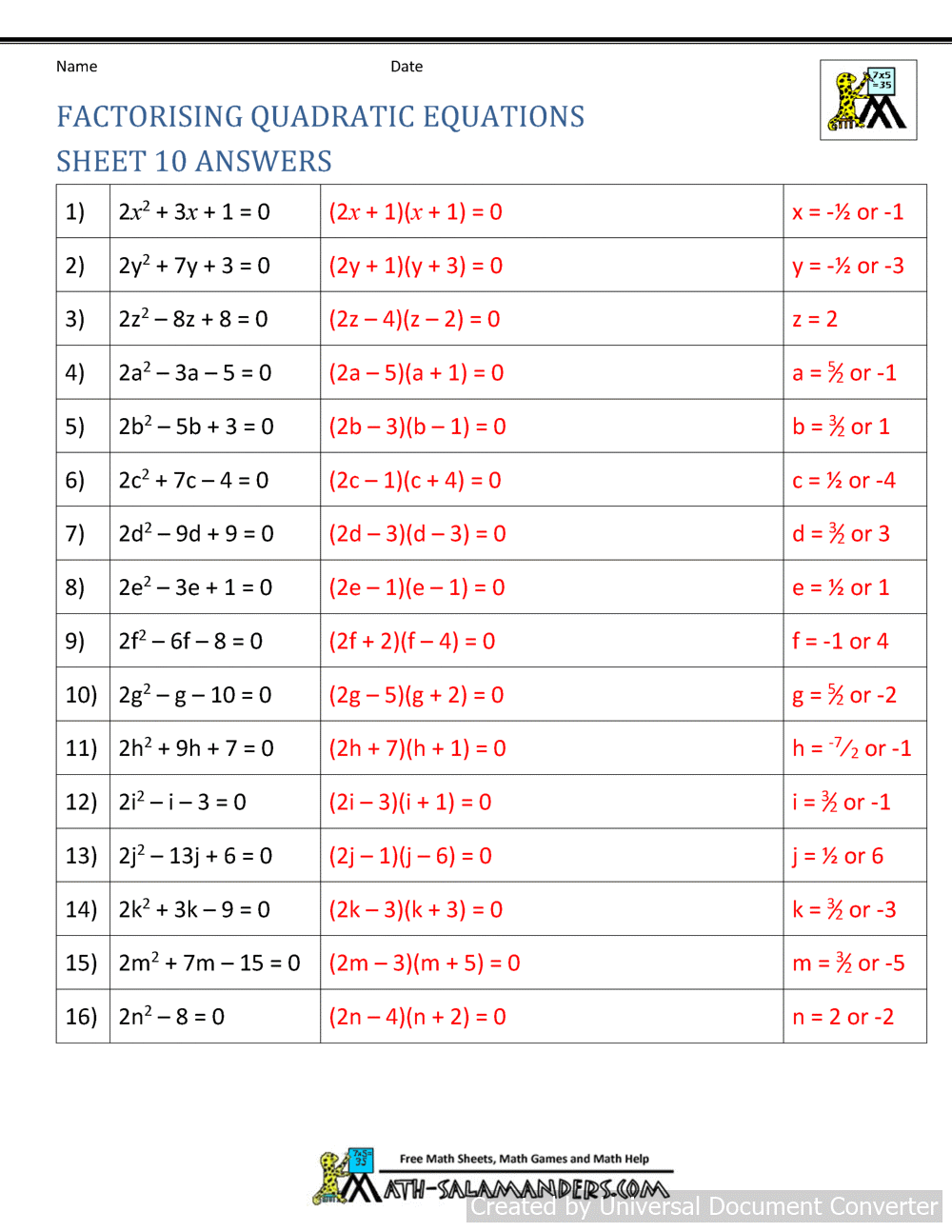 Factoring Quadratic Equations